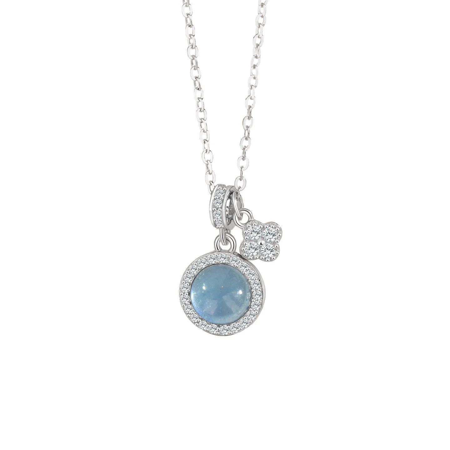 “Aqua Clover” S925 Sterling Silver Aquamarine Clover Necklace