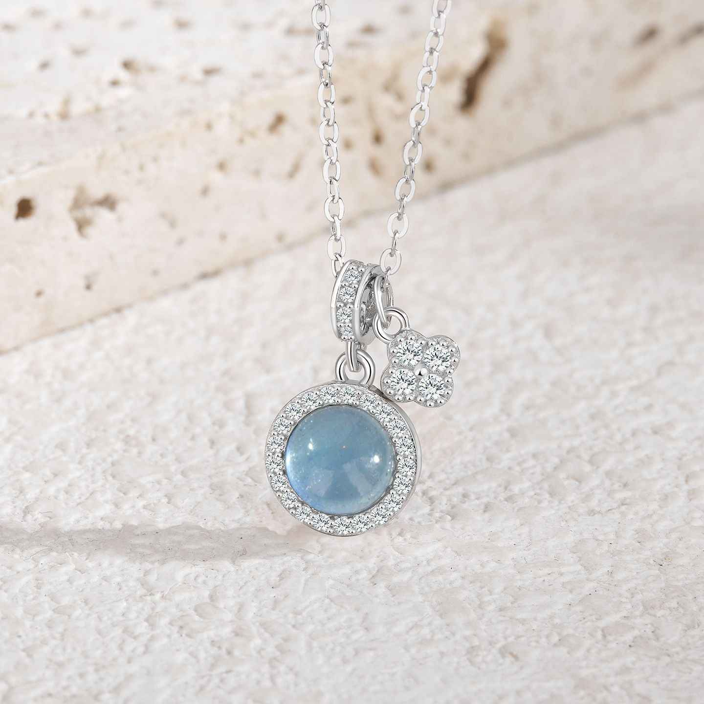 “Aqua Clover” S925 Sterling Silver Aquamarine Clover Necklace - Image 4
