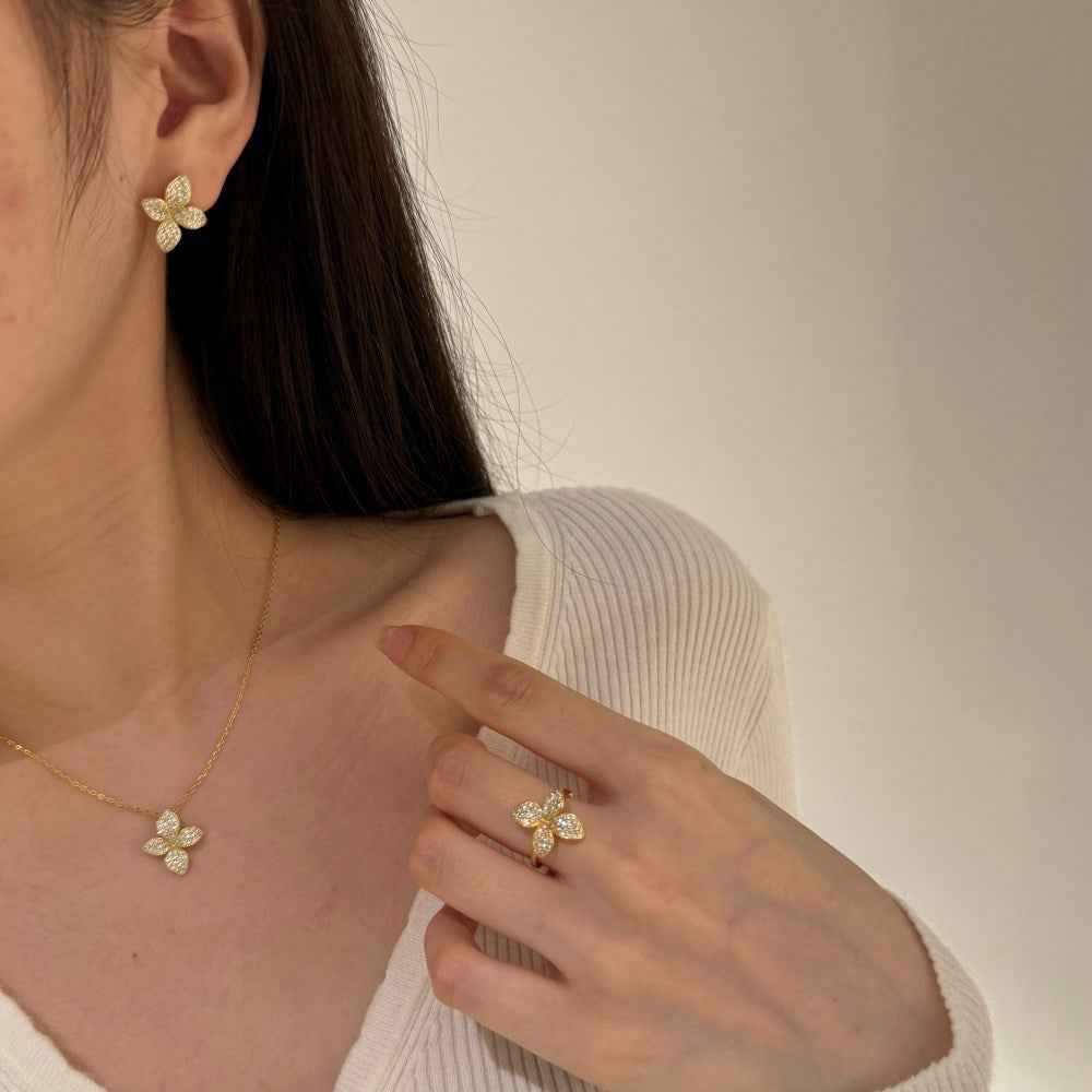 “Aurelia Bloom” S925 Sterling Silver Pavé Flower Jewelry Set - Image 2