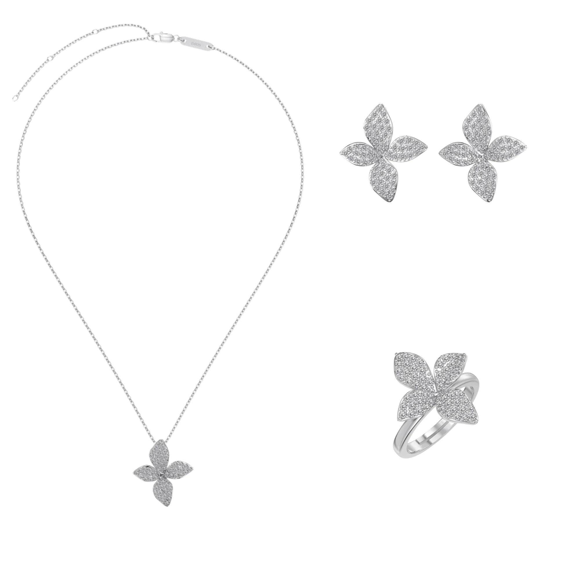 “Aurelia Bloom” S925 Sterling Silver Pavé Flower Jewelry Set - Image 4