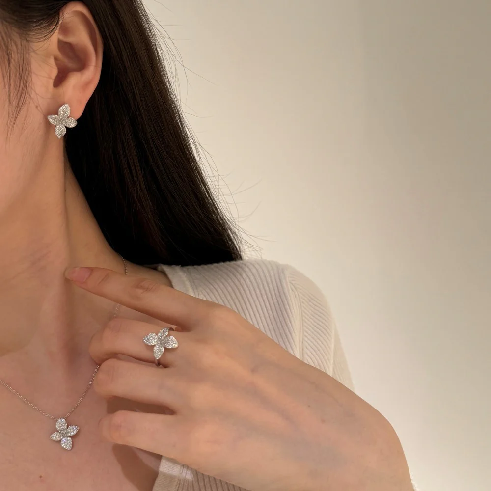 “Aurelia Bloom” S925 Sterling Silver Pavé Flower Jewelry Set - Image 5