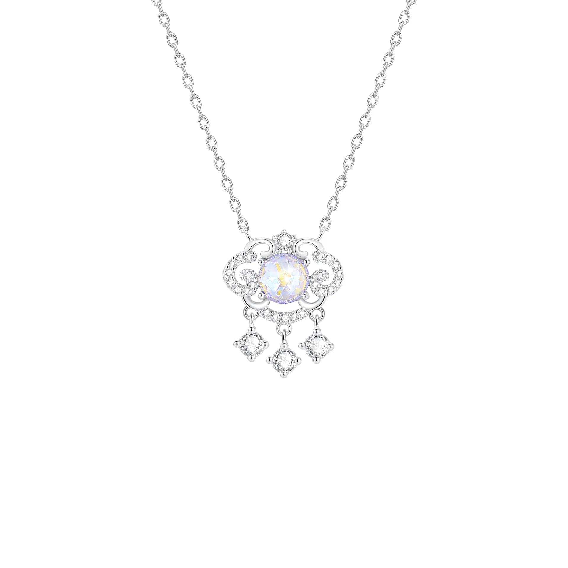 “Aurora Bless” 925 Sterling Silver Opalescent Crystal Lock Necklace
