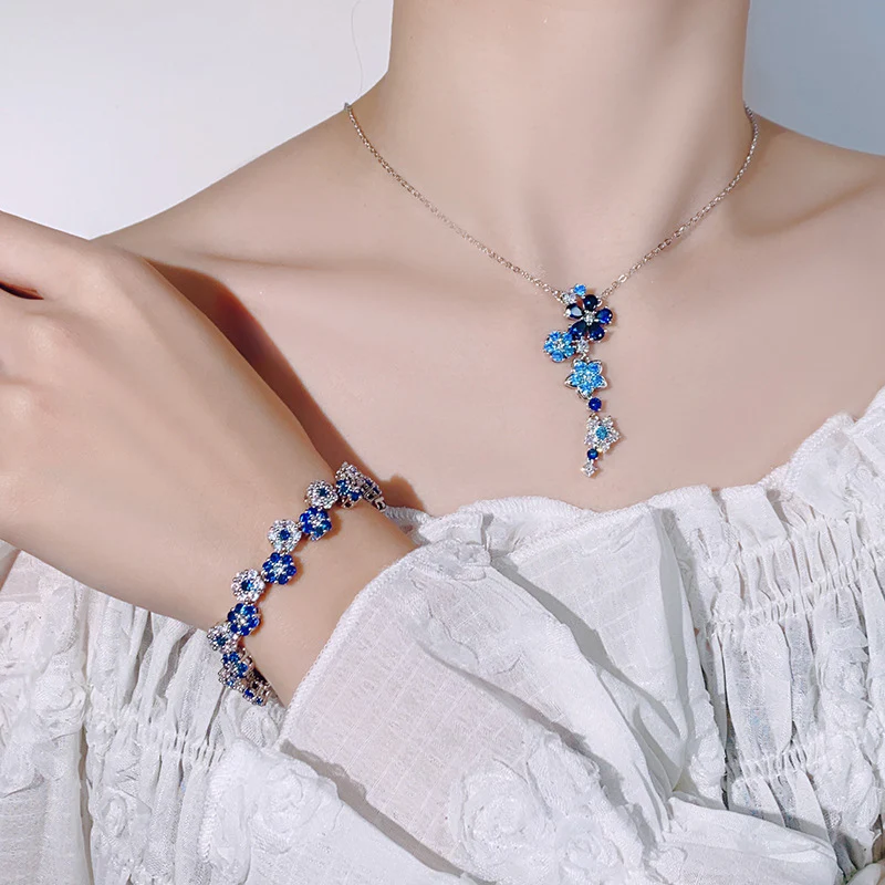 Azure Bloom Brass Zircon Floral Necklace & Bracelet Set - Image 2