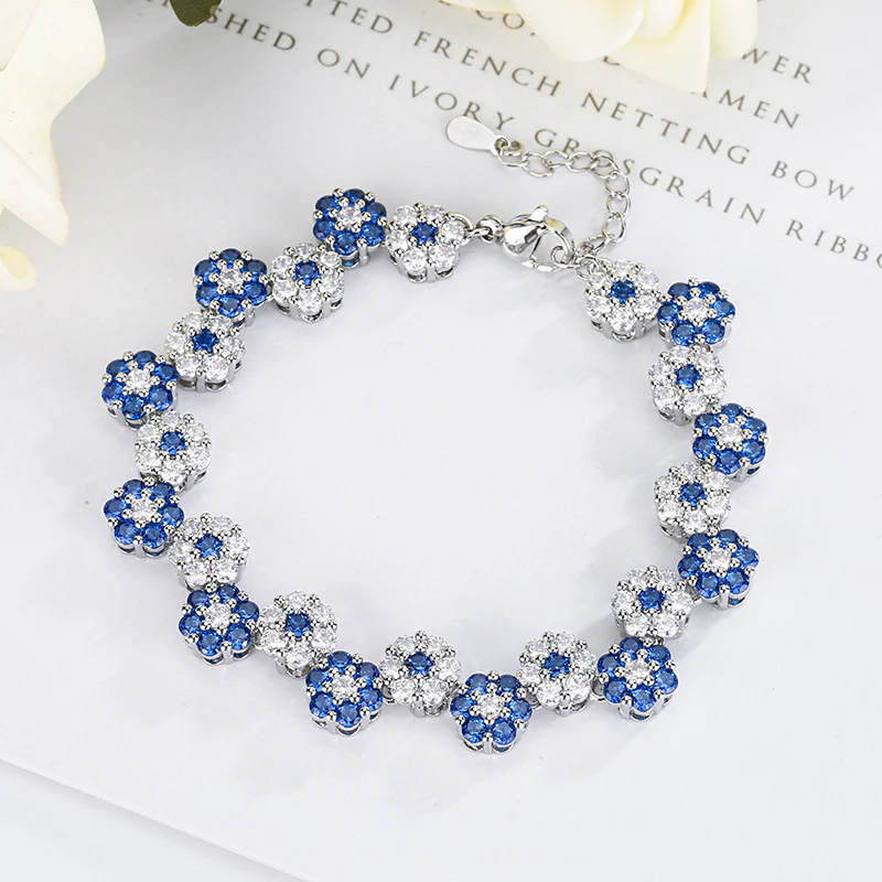 Azure Bloom Brass Zircon Floral Necklace & Bracelet Set - Image 5