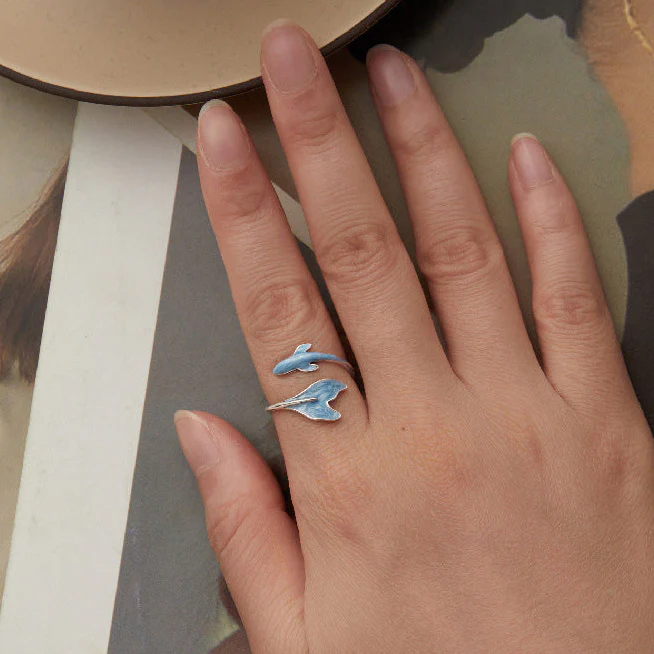 “Azure Dolphin” S925 Sterling Silver Enamel Open Ring - Image 2