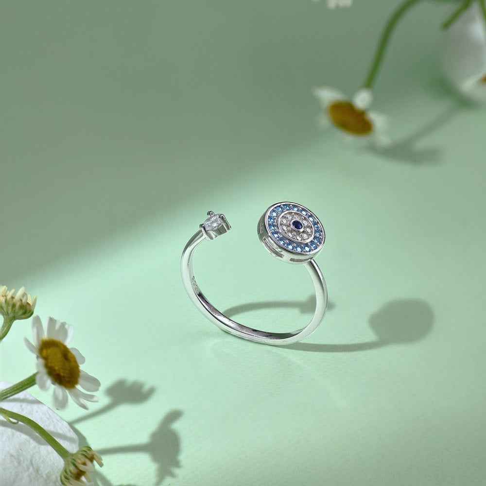 “Azure Guardian” 925 Sterling Silver Rotating Evil Eye Open Ring - Image 4