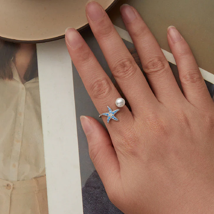 “Azure Star” S925 Sterling Silver Pearl Open Ring - Image 2