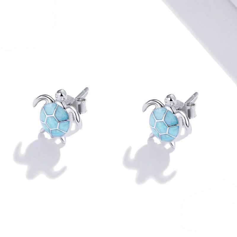 āAzure Turtleā S925 Sterling Silver Blue Enamel Sea Turtle Stud Earrings - Image 3