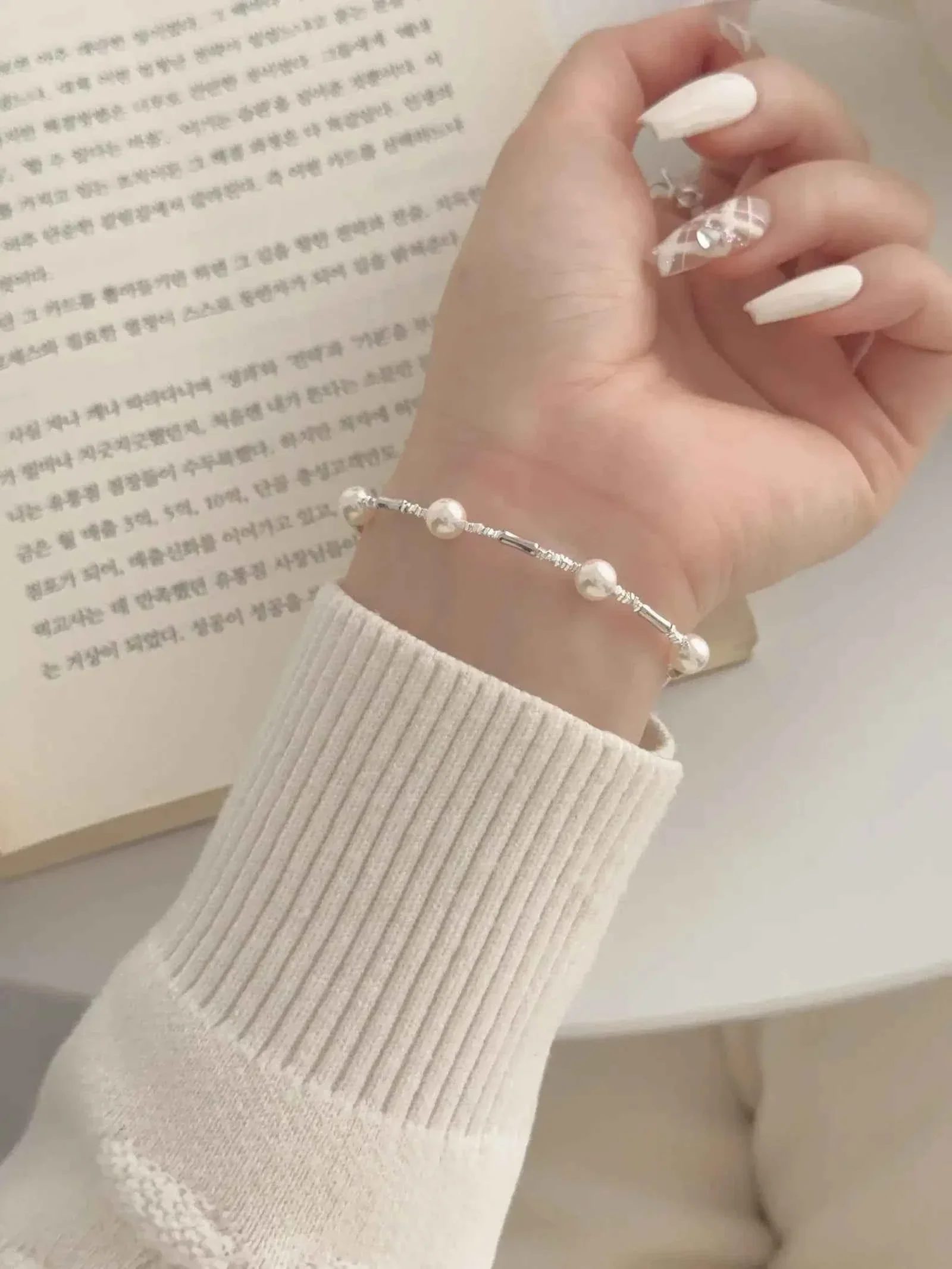 "Bamboo Bubble" 925 Sterling Silver Bamboo and Pearl Bracelet - Delicate, Elegant, and Versatile - Image 3