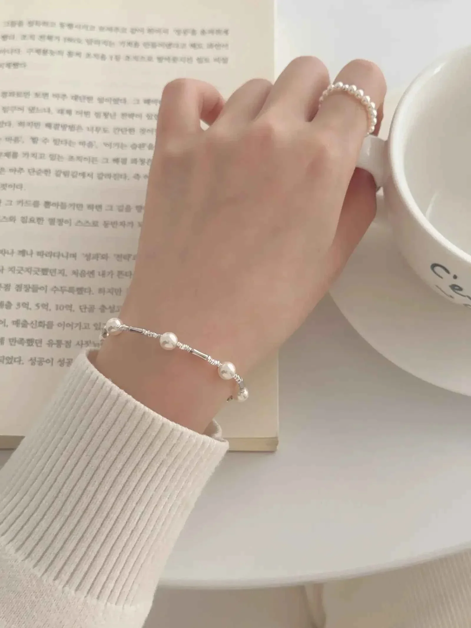 "Bamboo Bubble" 925 Sterling Silver Bamboo and Pearl Bracelet - Delicate, Elegant, and Versatile - Image 4