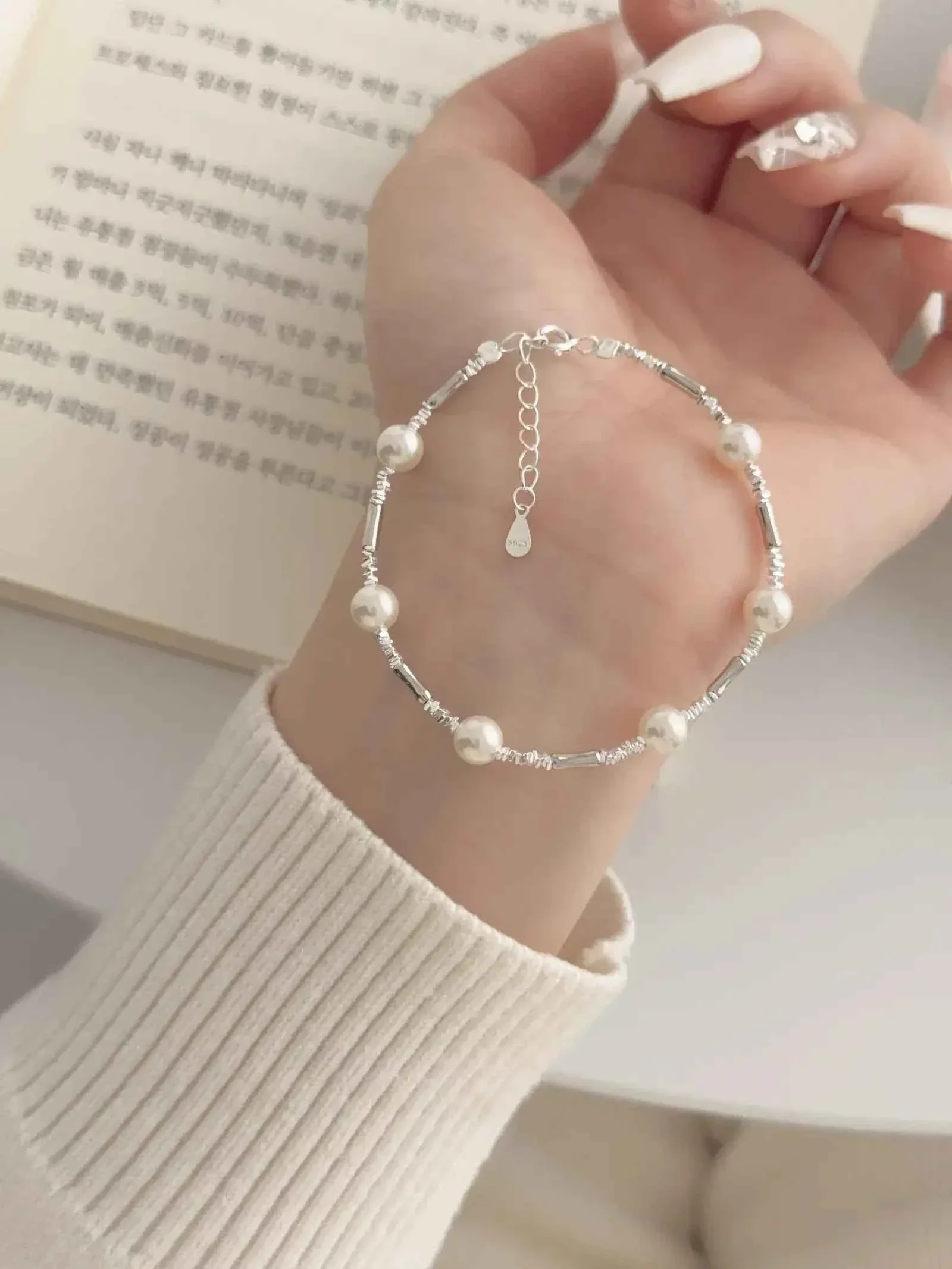 "Bamboo Bubble" 925 Sterling Silver Bamboo and Pearl Bracelet - Delicate, Elegant, and Versatile - Image 5