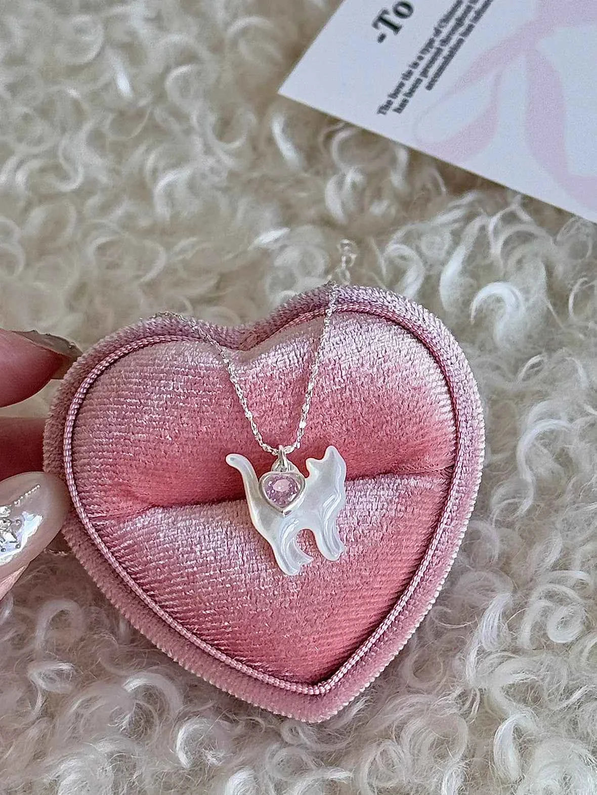"Be Your Meow" 925 Sterling Silver Pink Heart Zircon and White Mother-of-Pearl Cat Necklace - Delicate and Elegant - Image 7