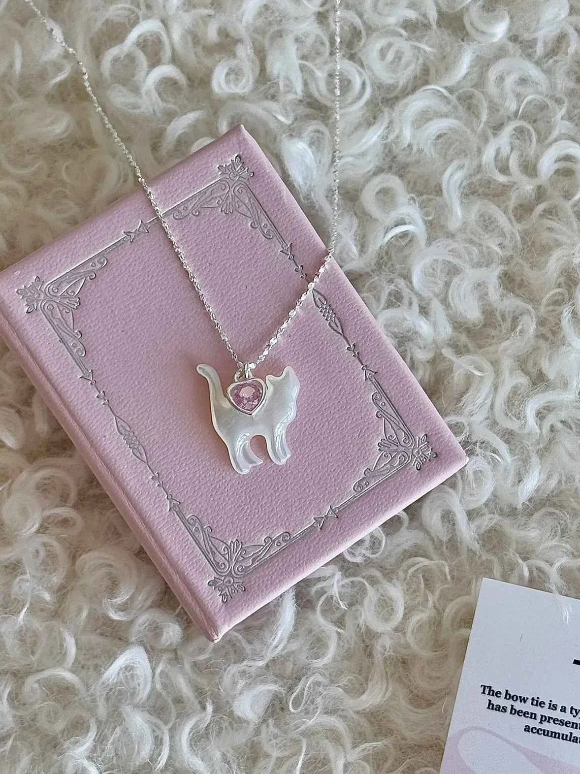 "Be Your Meow" 925 Sterling Silver Pink Heart Zircon and White Mother-of-Pearl Cat Necklace - Delicate and Elegant - Image 8