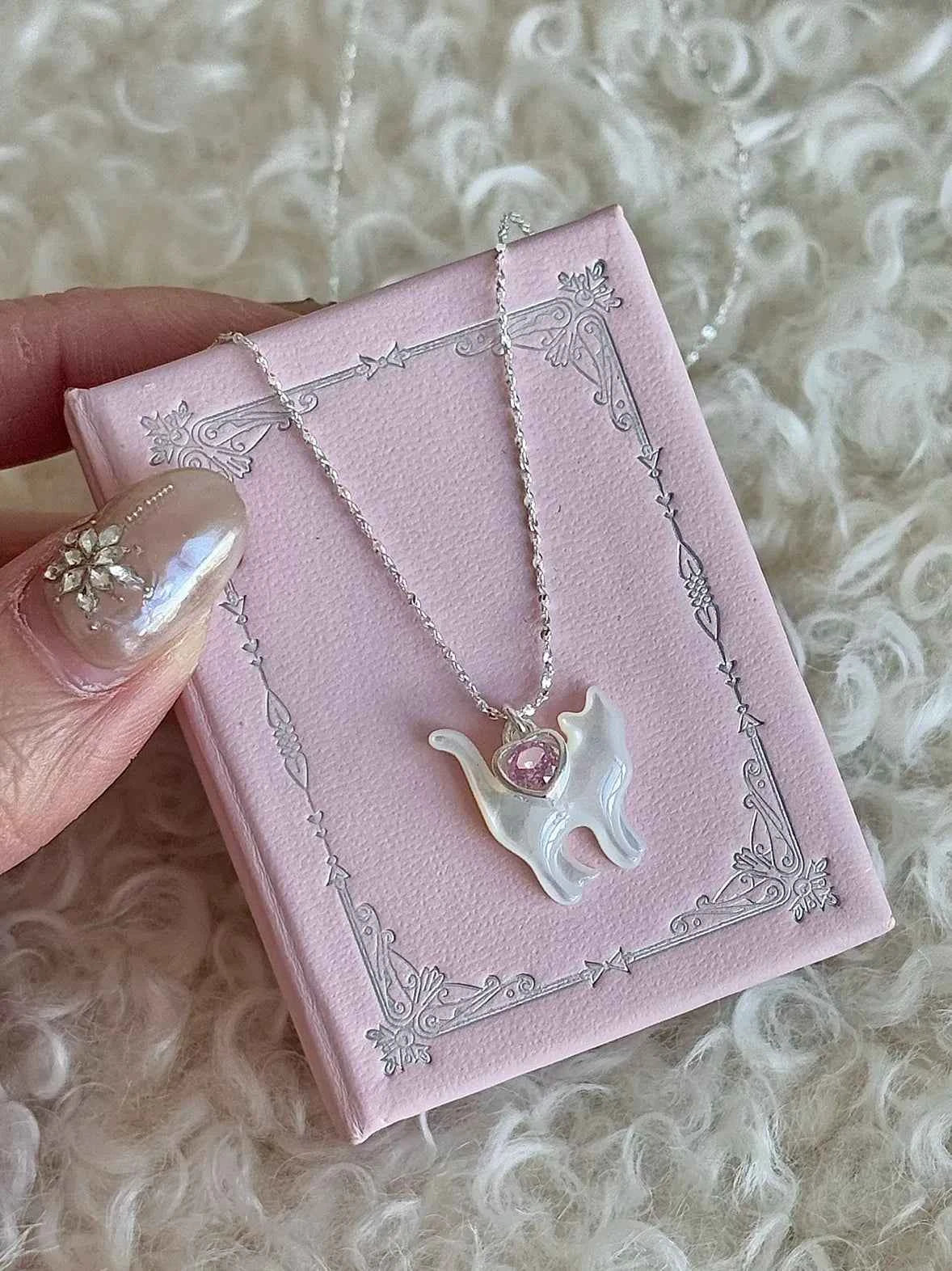 "Be Your Meow" 925 Sterling Silver Pink Heart Zircon and White Mother-of-Pearl Cat Necklace - Delicate and Elegant - Image 9