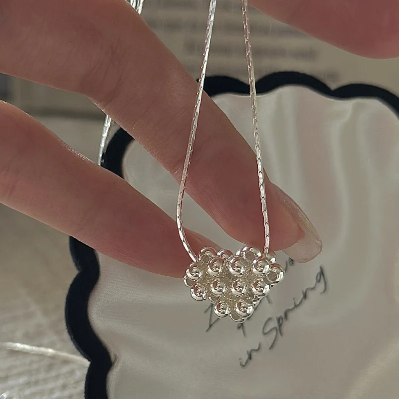 "Beaded Heart" 925 Sterling Silver Necklace – Korean-Inspired, Vintage Style - Image 4