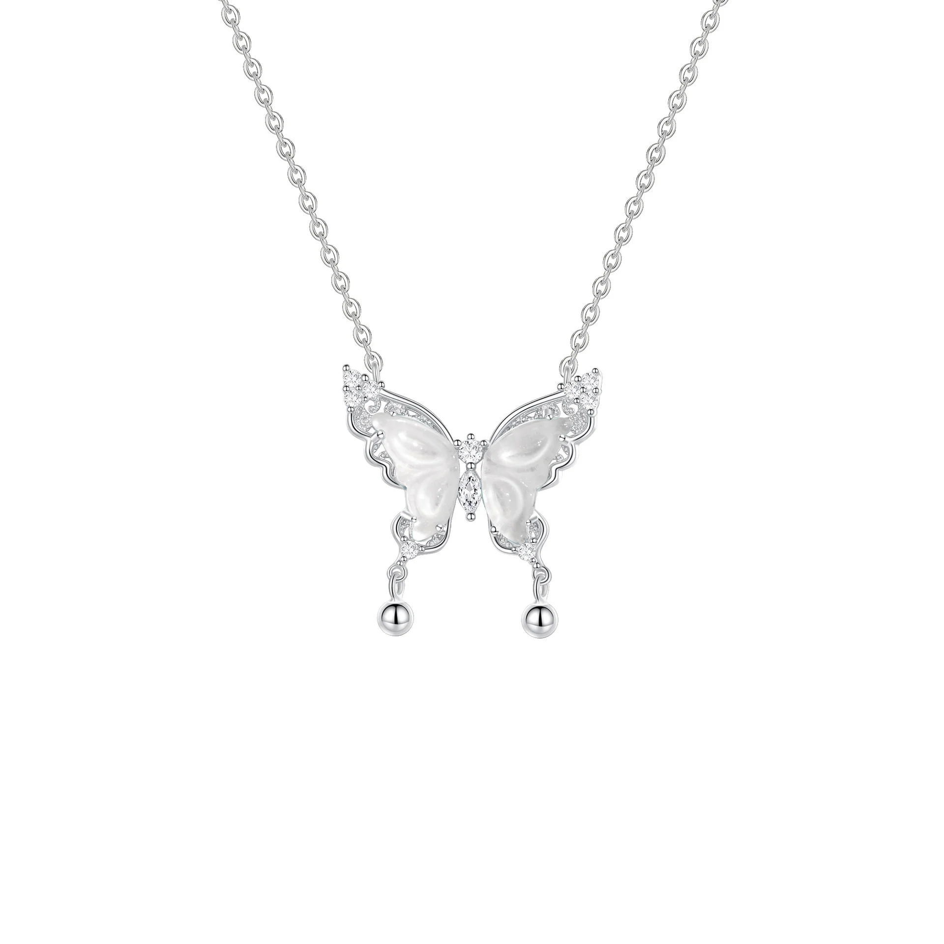 “Bellwing Butterfly” S925 Sterling Silver Shuimo Jade Butterfly Bell Necklace