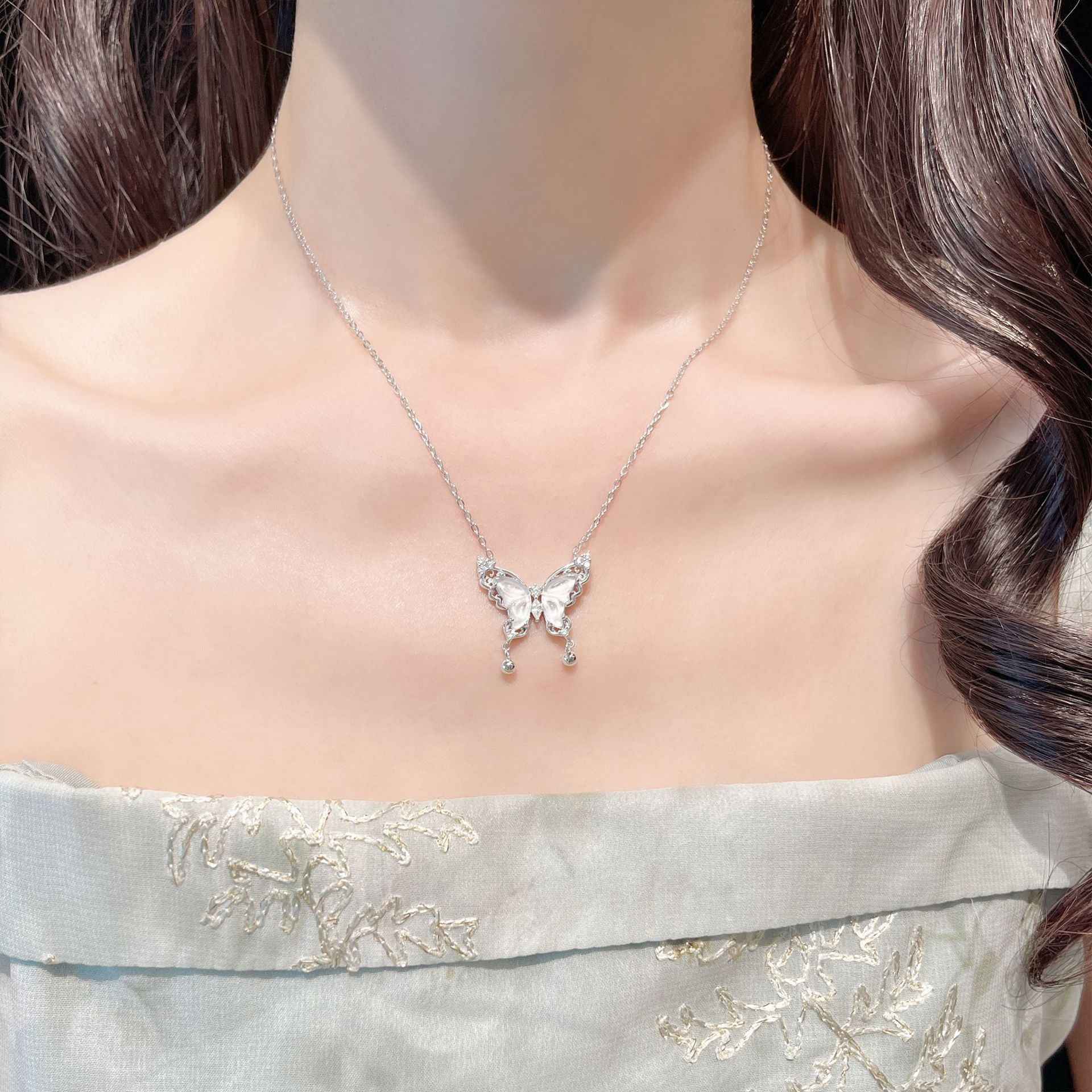 “Bellwing Butterfly” S925 Sterling Silver Shuimo Jade Butterfly Bell Necklace - Image 2