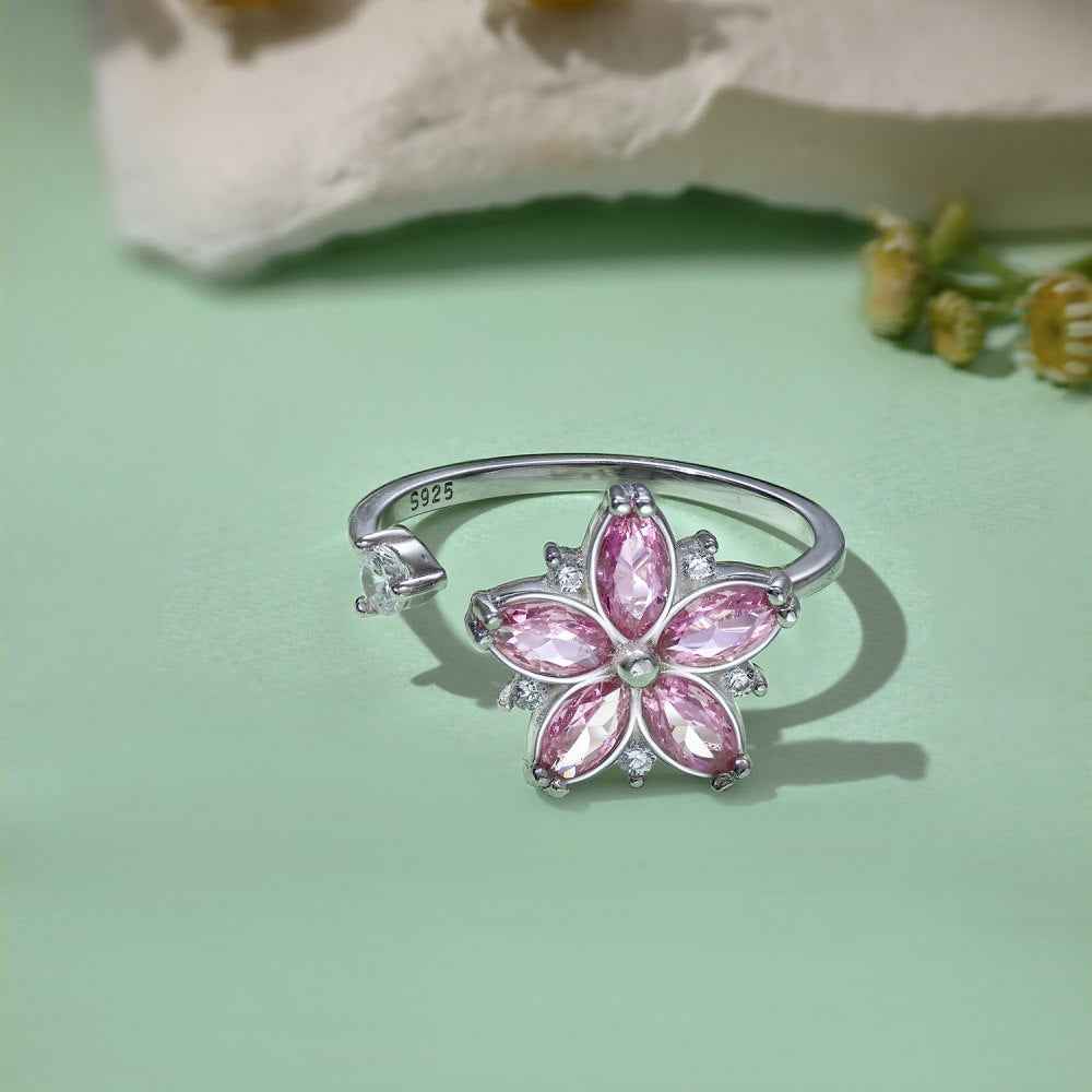 “Blooming Spin” 925 Sterling Silver Rotating Pink Blossom Ring - Image 4
