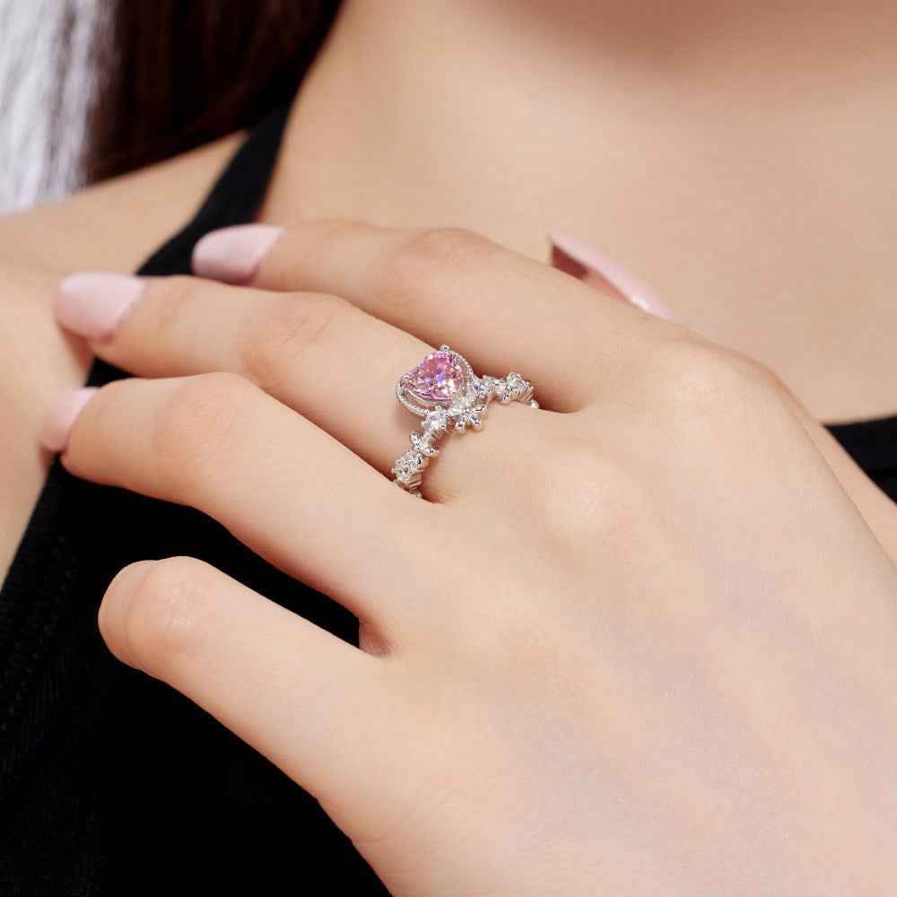 “Blossom Amour” 925 Sterling Silver Pink Heart & Floral Ring - Image 2