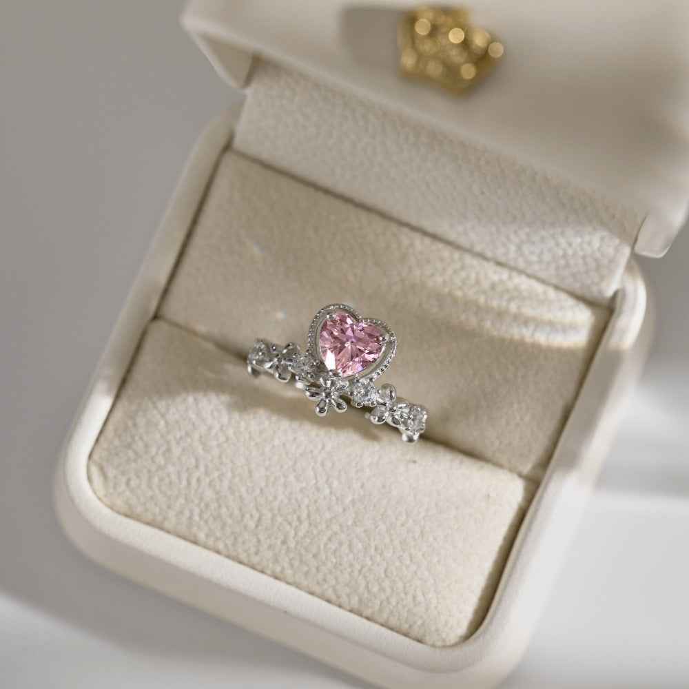 “Blossom Amour” 925 Sterling Silver Pink Heart & Floral Ring - Image 4