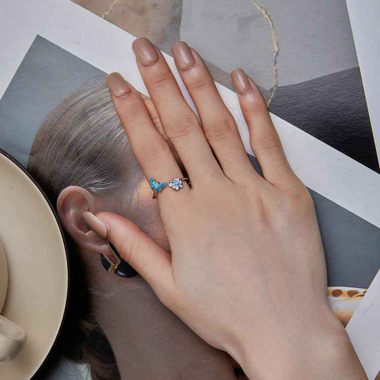 “Blue Flutter Bloom” S925 Sterling Silver Open Ring - Image 3