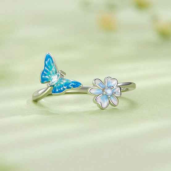“Blue Flutter Bloom” S925 Sterling Silver Open Ring - Image 4