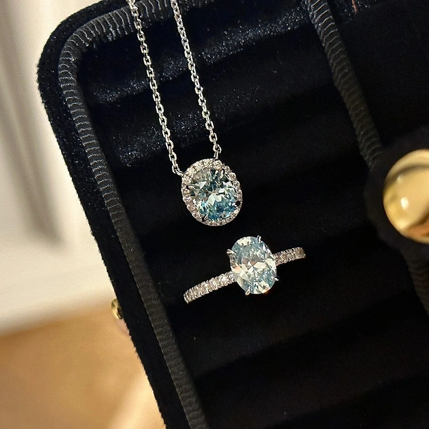 "Blue Horizon" S925 Sterling Silver Oval Zircon Necklace & Ring Set - Image 3