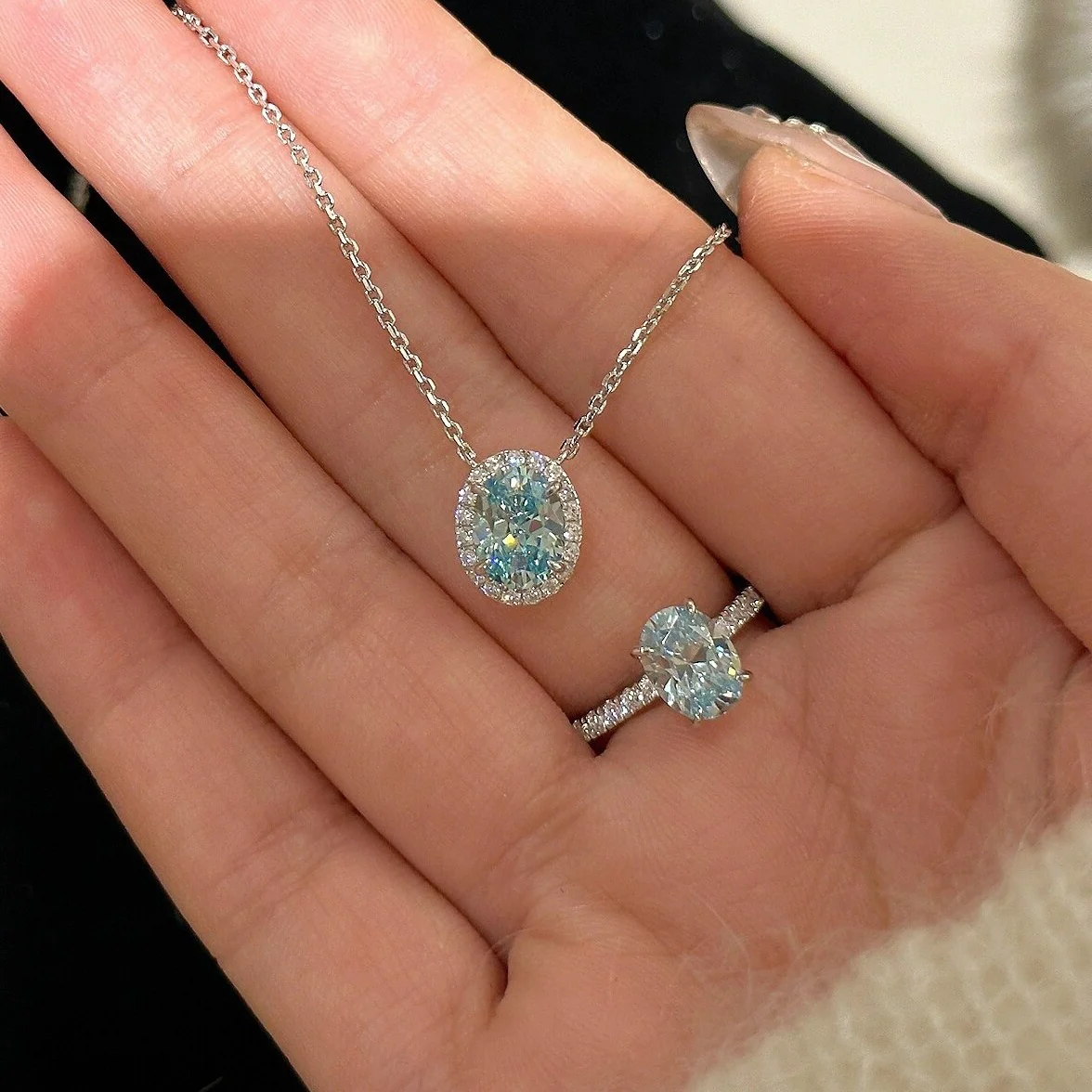 "Blue Horizon" S925 Sterling Silver Oval Zircon Necklace & Ring Set - Image 4