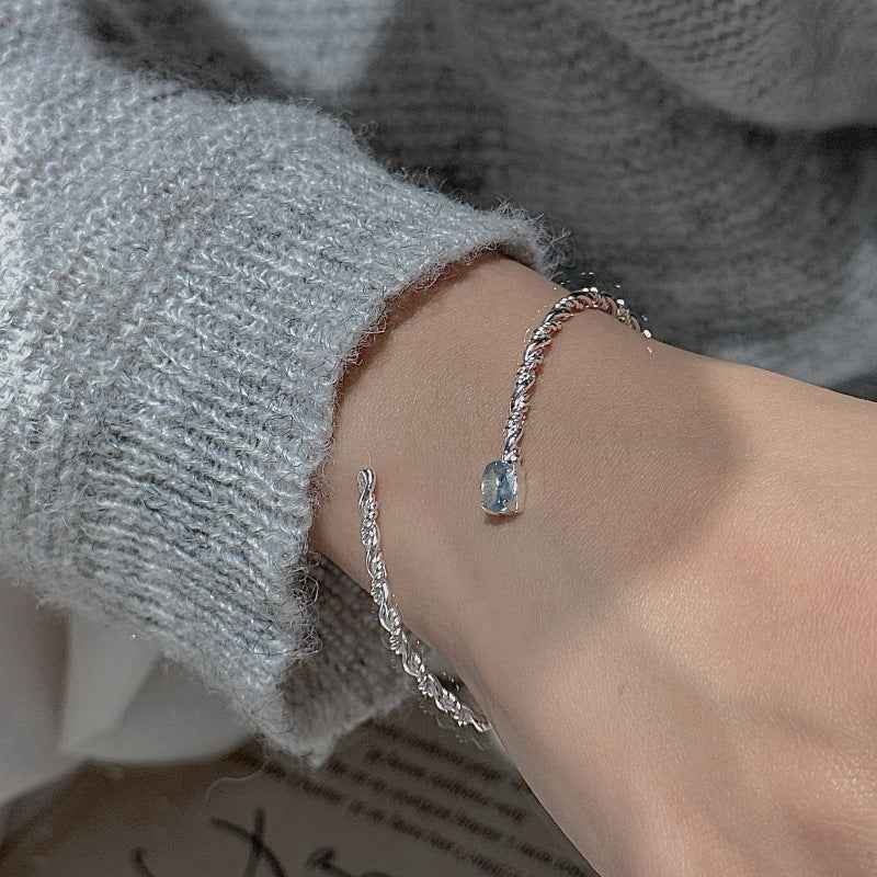 “Blue Mist” S925 Sterling Silver Aquamarine Open Bangle Bracelet - Image 2