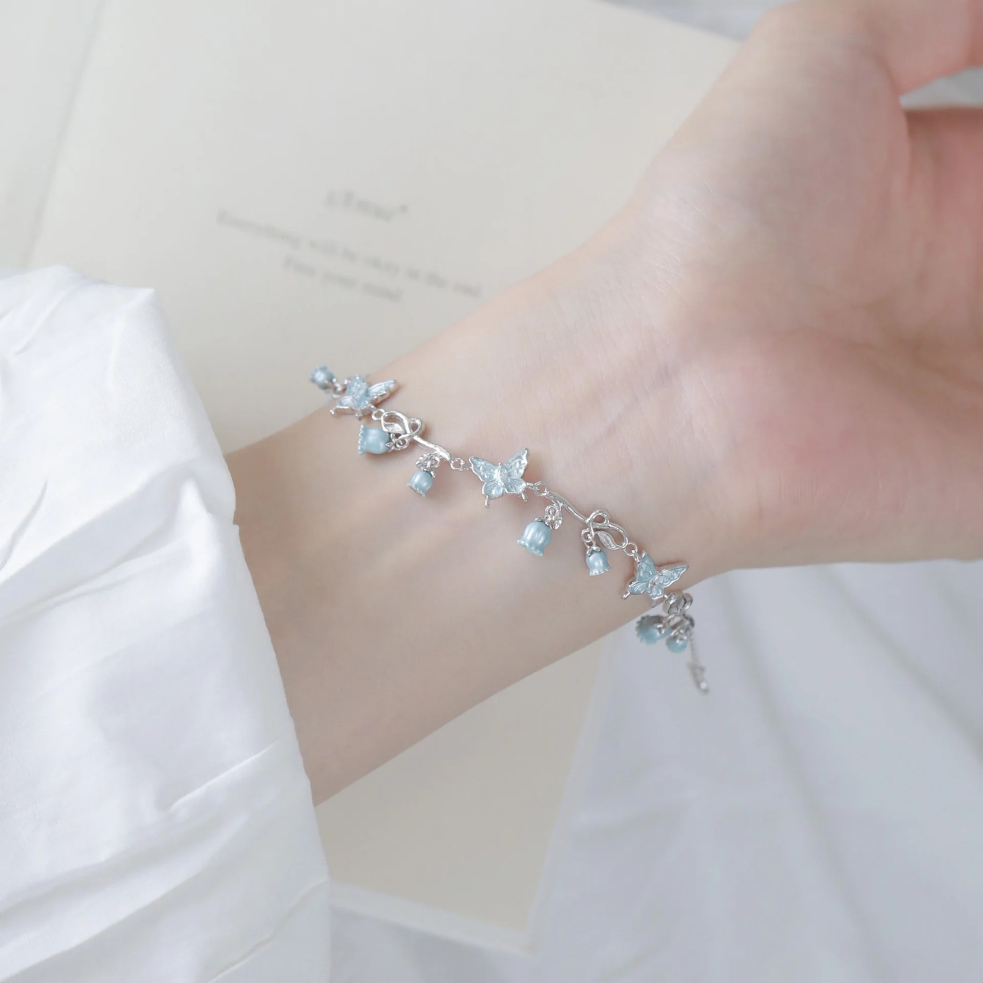 “Bluebell Flutter” 925 Sterling Silver Butterfly & Lily of the Valley Necklace & Bracelet Set - Image 2