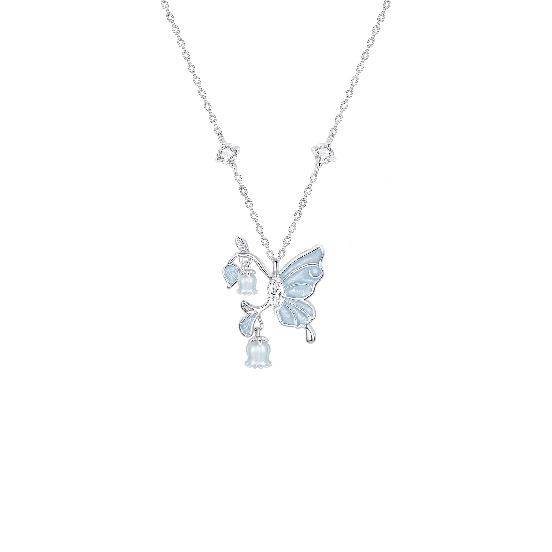 “Bluebell Flutter” 925 Sterling Silver Butterfly & Lily of the Valley Necklace & Bracelet Set - Image 5