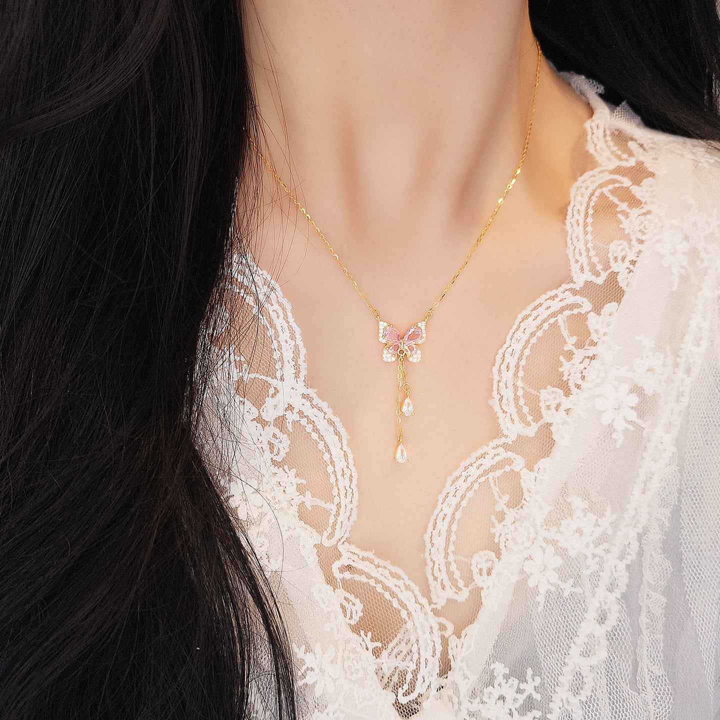 “Blush Flutter” 925 Sterling Silver Pink Butterfly Tassel Necklace - Image 2