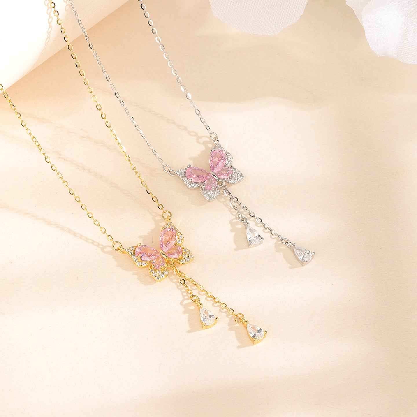 “Blush Flutter” 925 Sterling Silver Pink Butterfly Tassel Necklace - Image 3