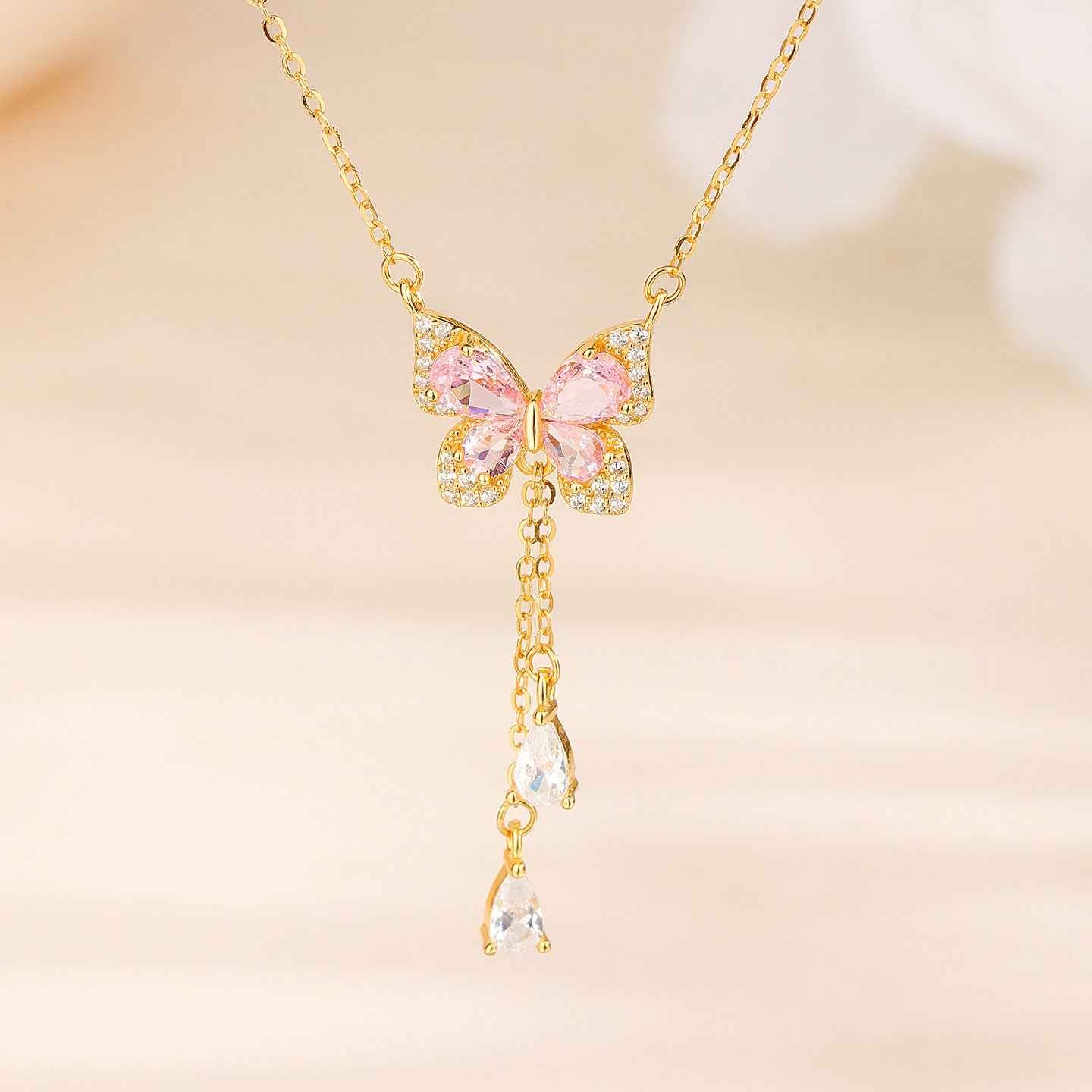 “Blush Flutter” 925 Sterling Silver Pink Butterfly Tassel Necklace - Image 4