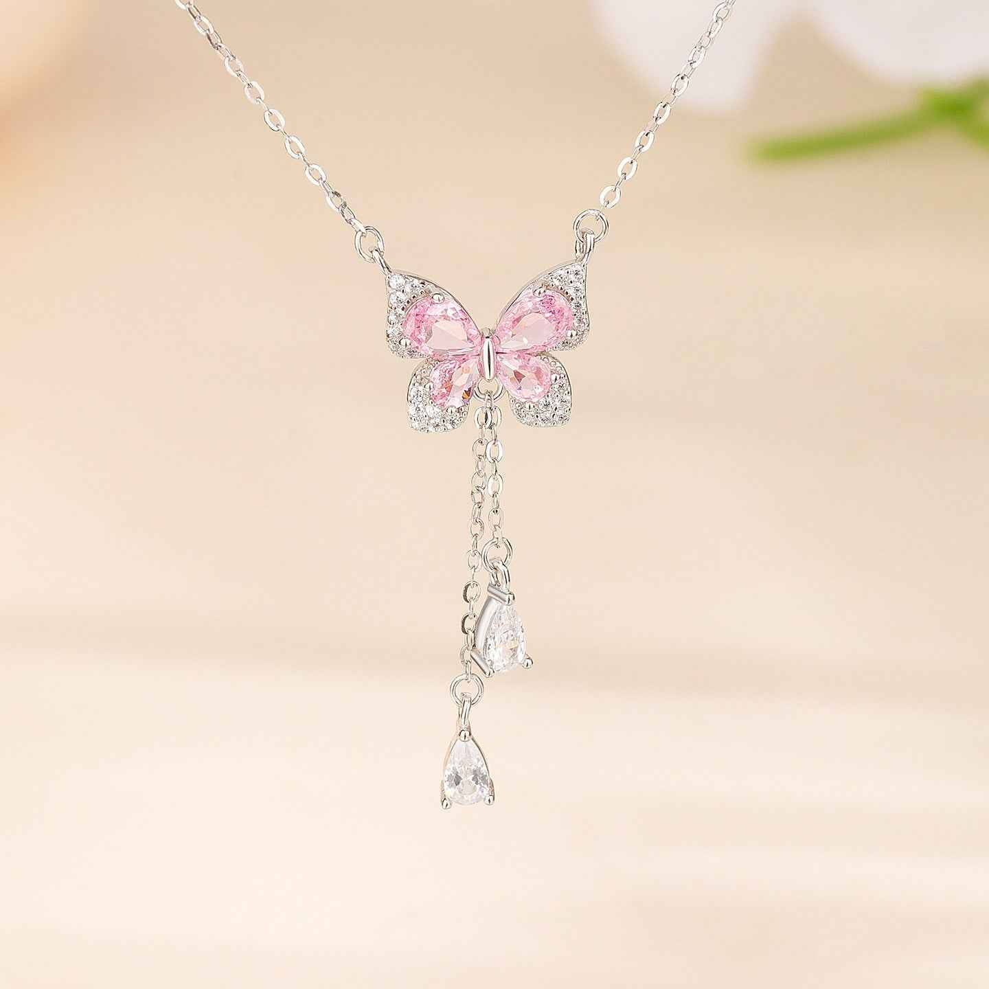 “Blush Flutter” 925 Sterling Silver Pink Butterfly Tassel Necklace - Image 5