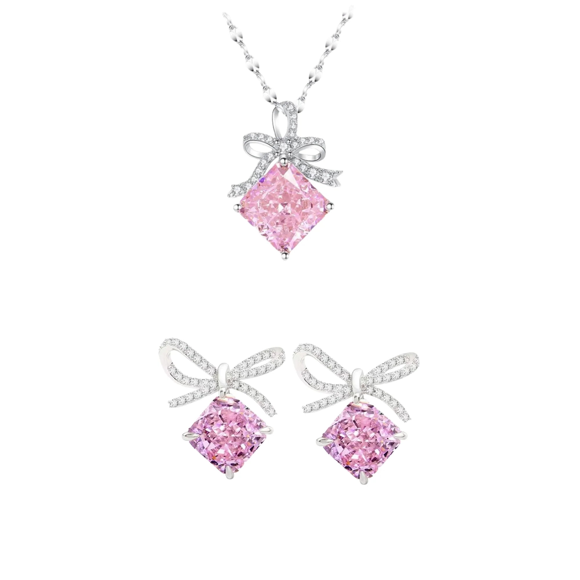 “Blush Ribbon” S925 Sterling Silver Pink Ice-Cut Bow Jewelry Set (Necklace & Earrings)