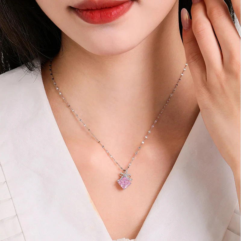 “Blush Ribbon” S925 Sterling Silver Pink Ice-Cut Bow Jewelry Set (Necklace & Earrings) - Image 3