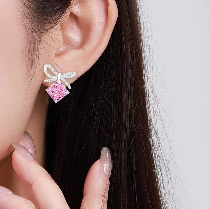 “Blush Ribbon” S925 Sterling Silver Pink Ice-Cut Bow Jewelry Set (Necklace & Earrings) - Image 5