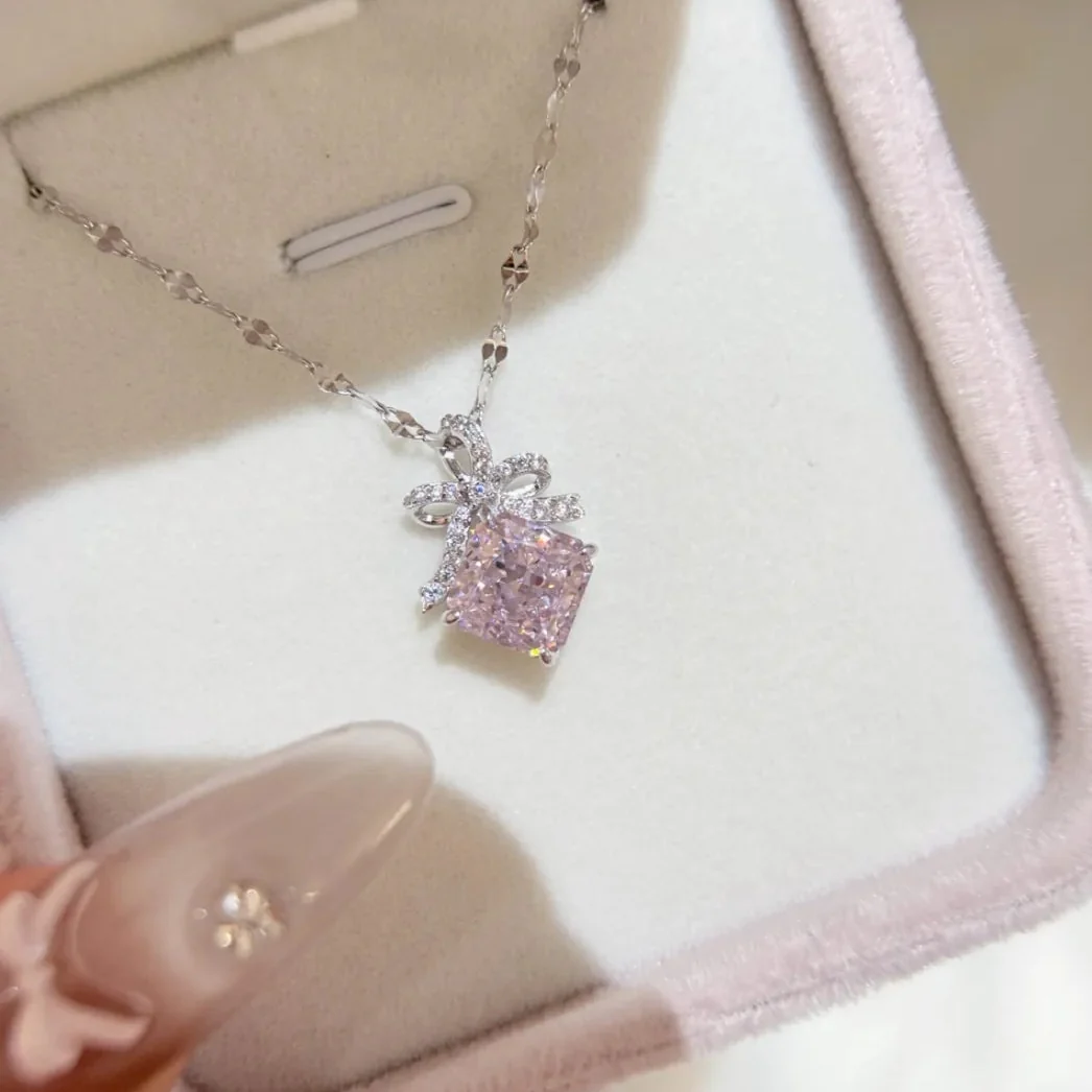“Blush Ribbon” S925 Sterling Silver Pink Ice-Cut Bow Jewelry Set (Necklace & Earrings) - Image 6