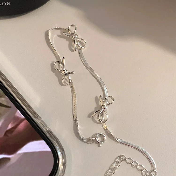 Bow Elegance 925 Sterling Silver Flat Snake Chain Bracelet – Adjustable, Three Bows - Image 3