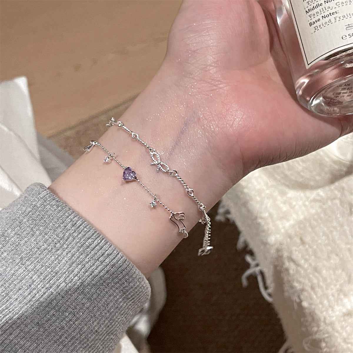 “Bunny Charm Heart” 925 Sterling Silver Sweet Lavender Zircon Bracelet - Image 2