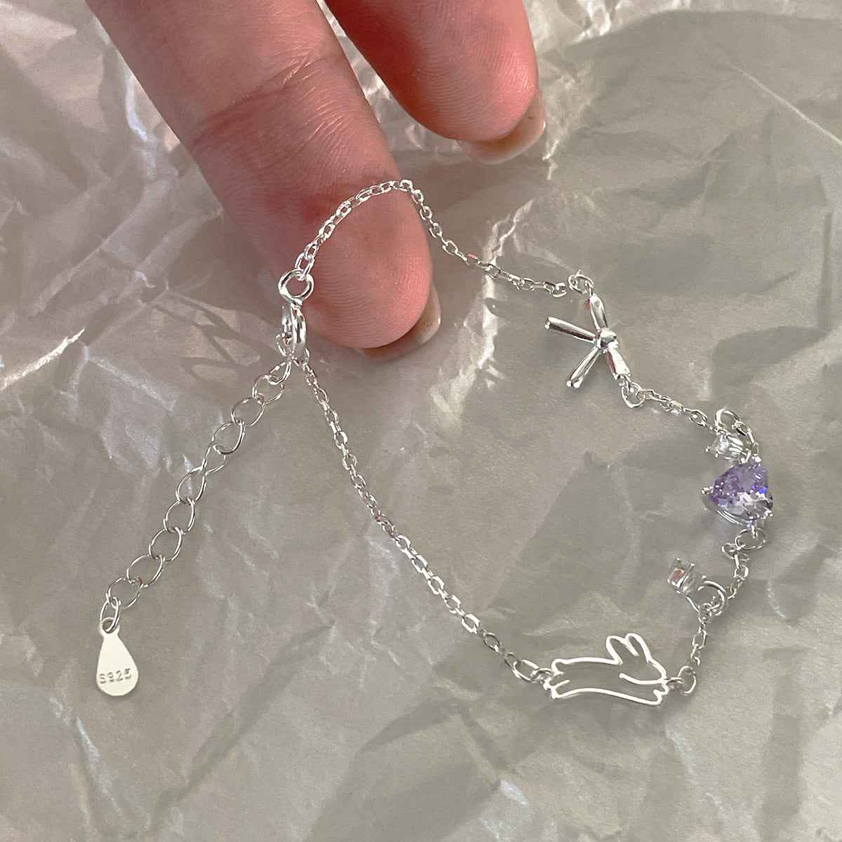 “Bunny Charm Heart” 925 Sterling Silver Sweet Lavender Zircon Bracelet - Image 4