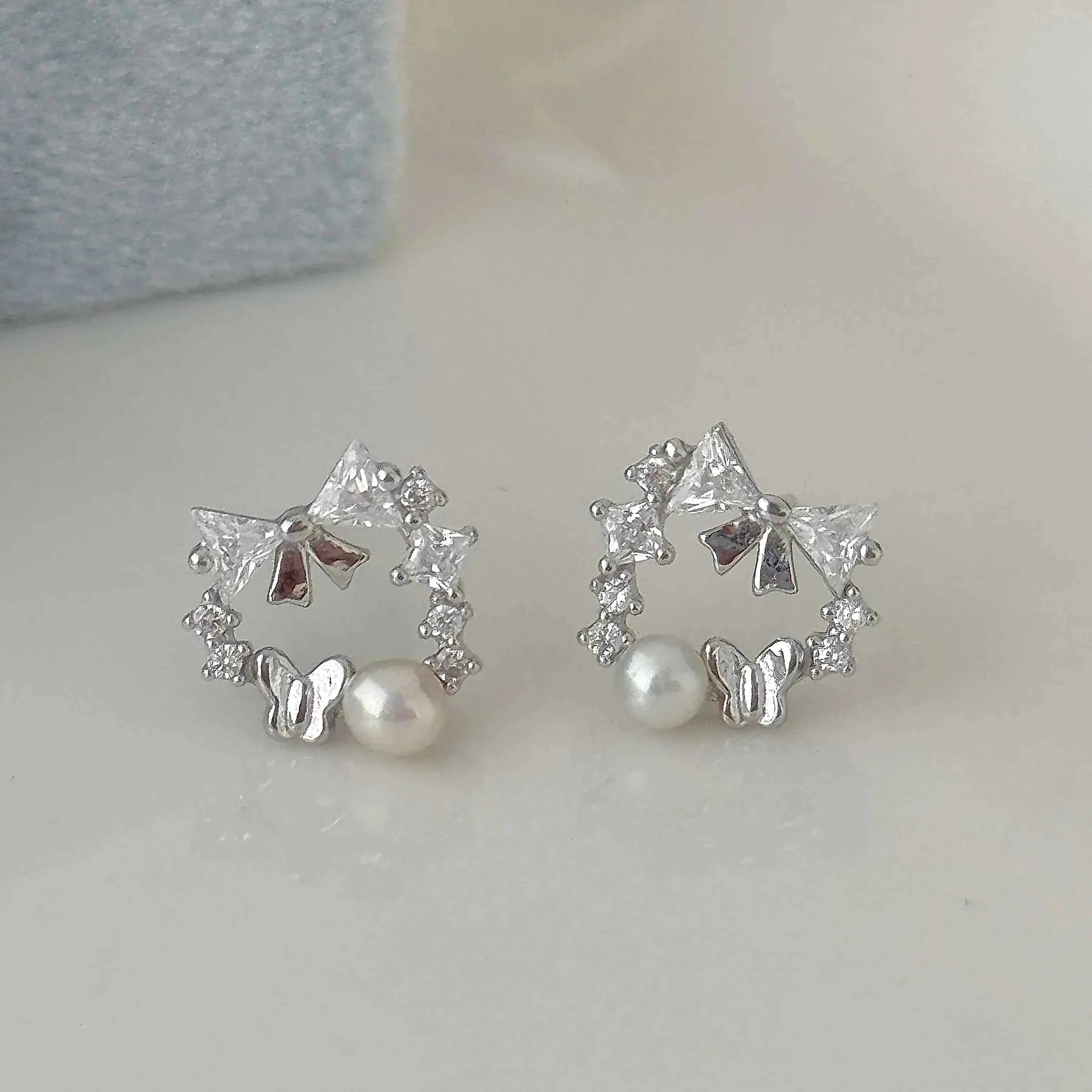 "Butterfly Dream" 925 Sterling Silver Butterfly Garland Freshwater Pearl Stud Earrings - Elegant and Unique - Image 4