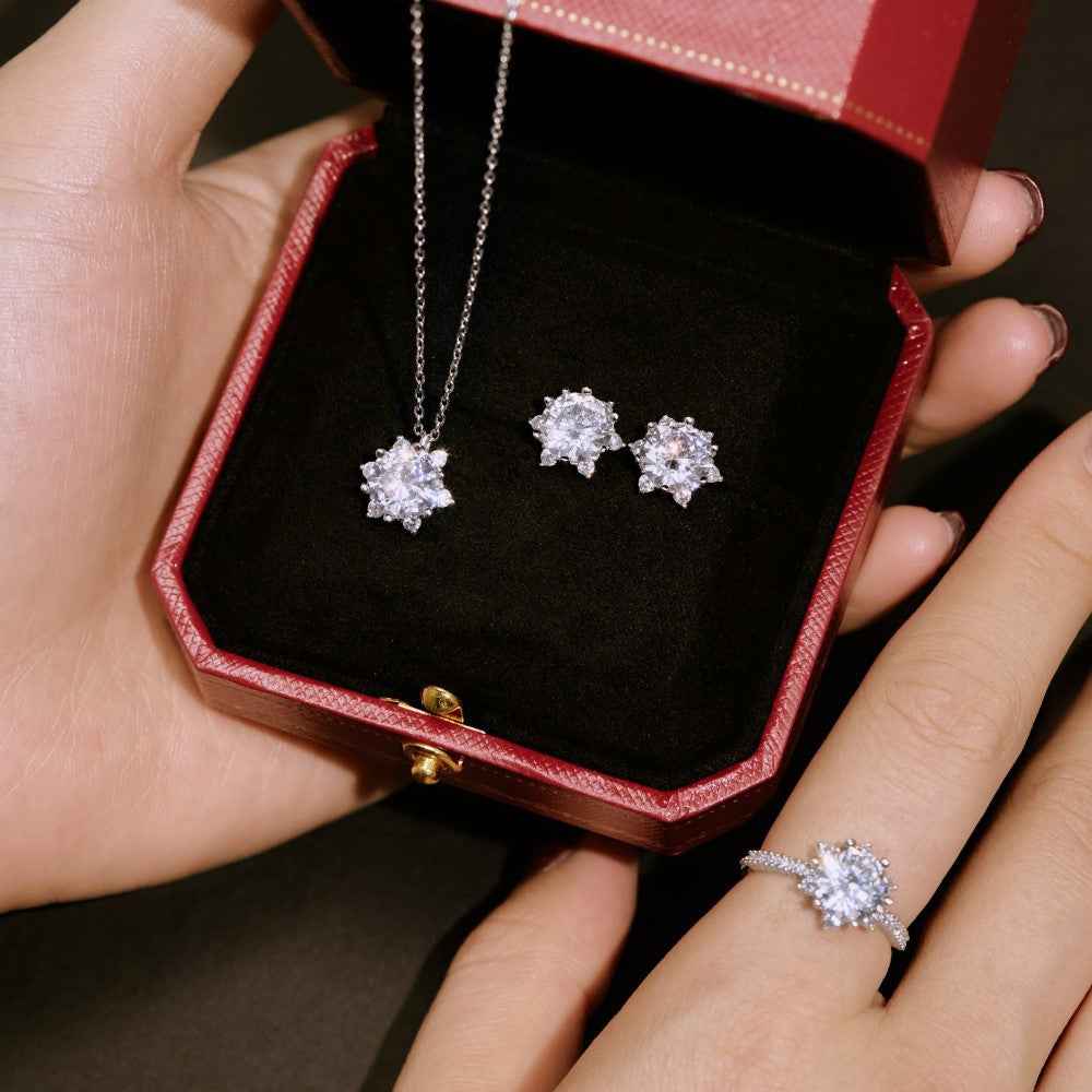 “Camellia Lumière” S925 Sterling Silver Pavé Camellia Jewelry Set (Necklace, Earrings & Ring) - Image 7