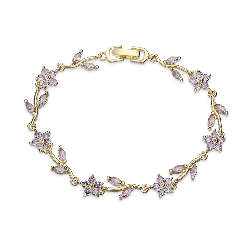 “Camellia Vine” Gold-Tone Brass Multicolor Zircon Flower Bracelet - Image 11