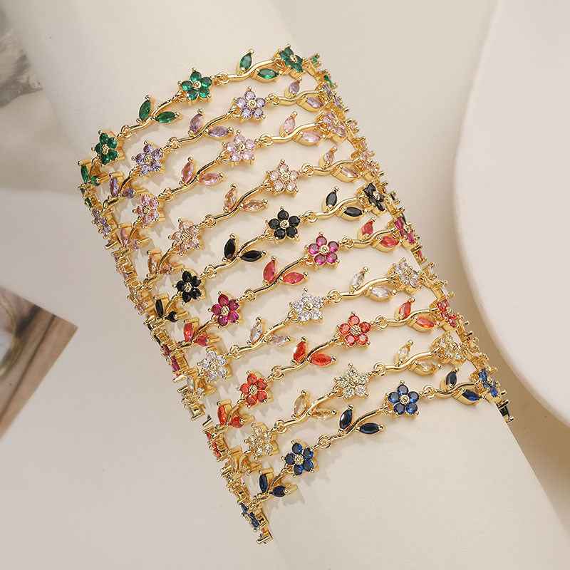 “Camellia Vine” Gold-Tone Brass Multicolor Zircon Flower Bracelet - Image 2