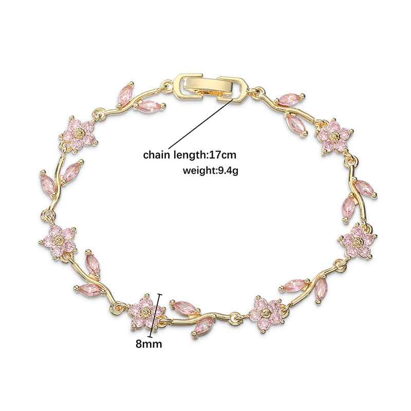 “Camellia Vine” Gold-Tone Brass Multicolor Zircon Flower Bracelet - Image 3