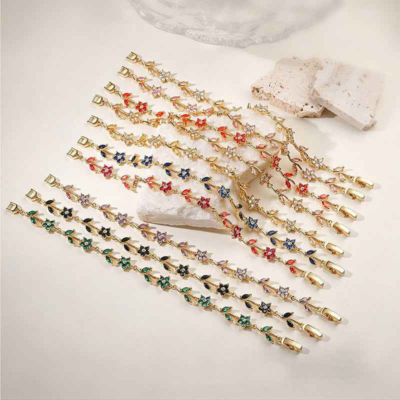 “Camellia Vine” Gold-Tone Brass Multicolor Zircon Flower Bracelet - Image 4
