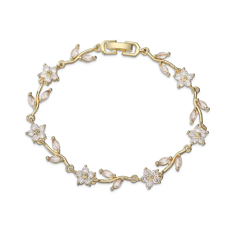 “Camellia Vine” Gold-Tone Brass Multicolor Zircon Flower Bracelet - Image 5