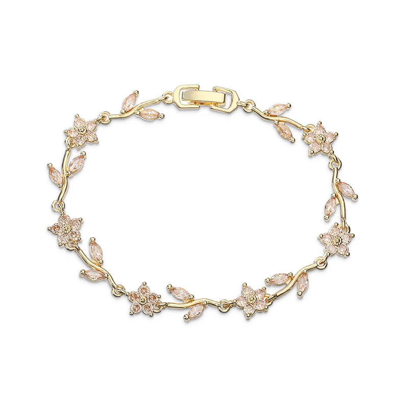 “Camellia Vine” Gold-Tone Brass Multicolor Zircon Flower Bracelet - Image 6